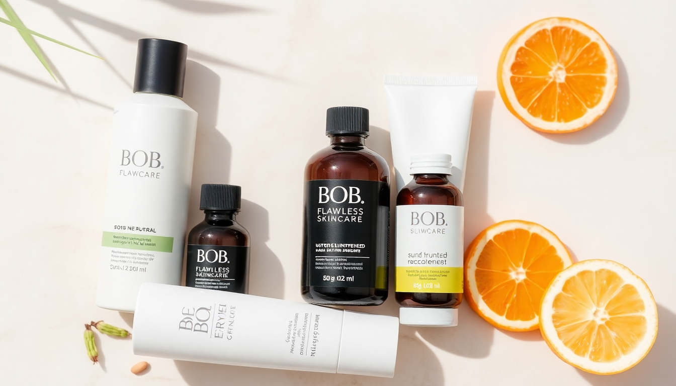 Skincare products with natural ingredients soothing sunburned skin & Bob Flawless Skincare logo