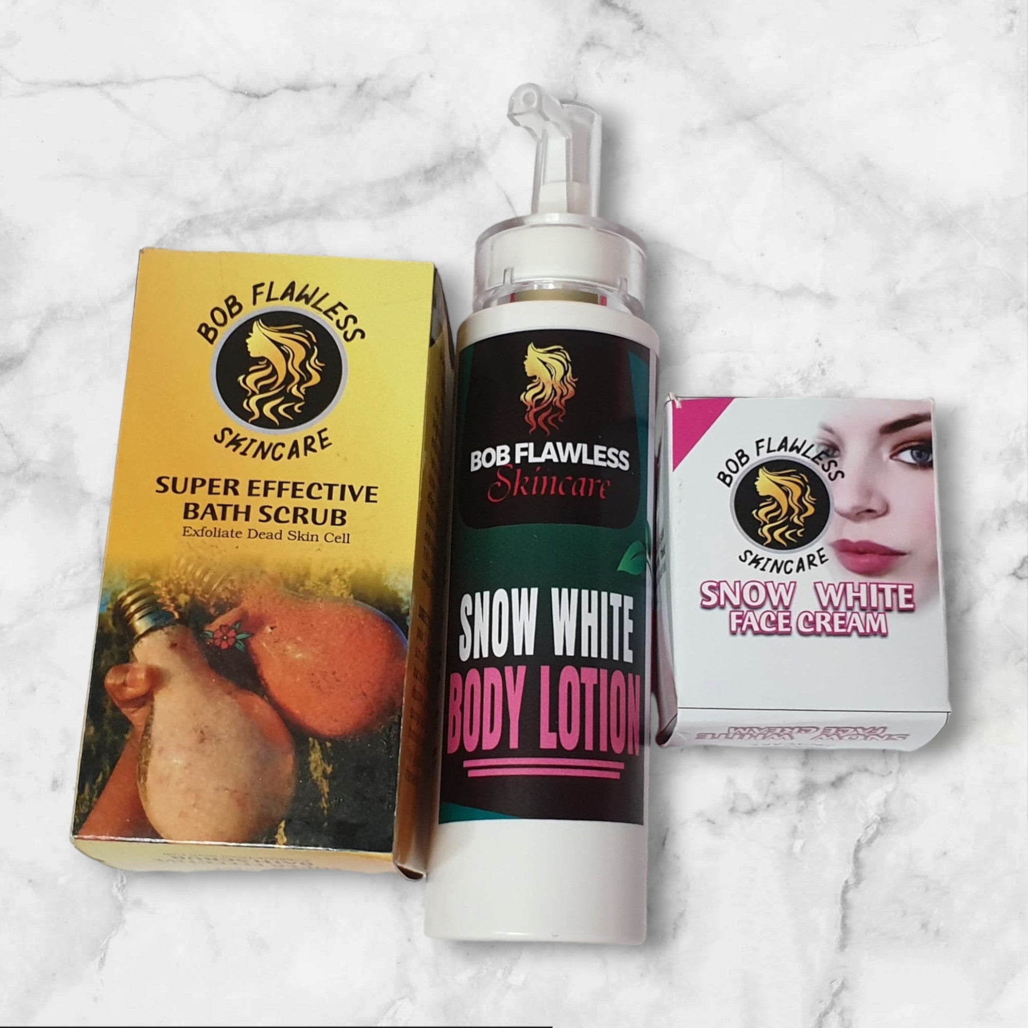 Bob Flawless Skincare snow white body lotion bottle with pump beside bath scrub and snow white face cream
