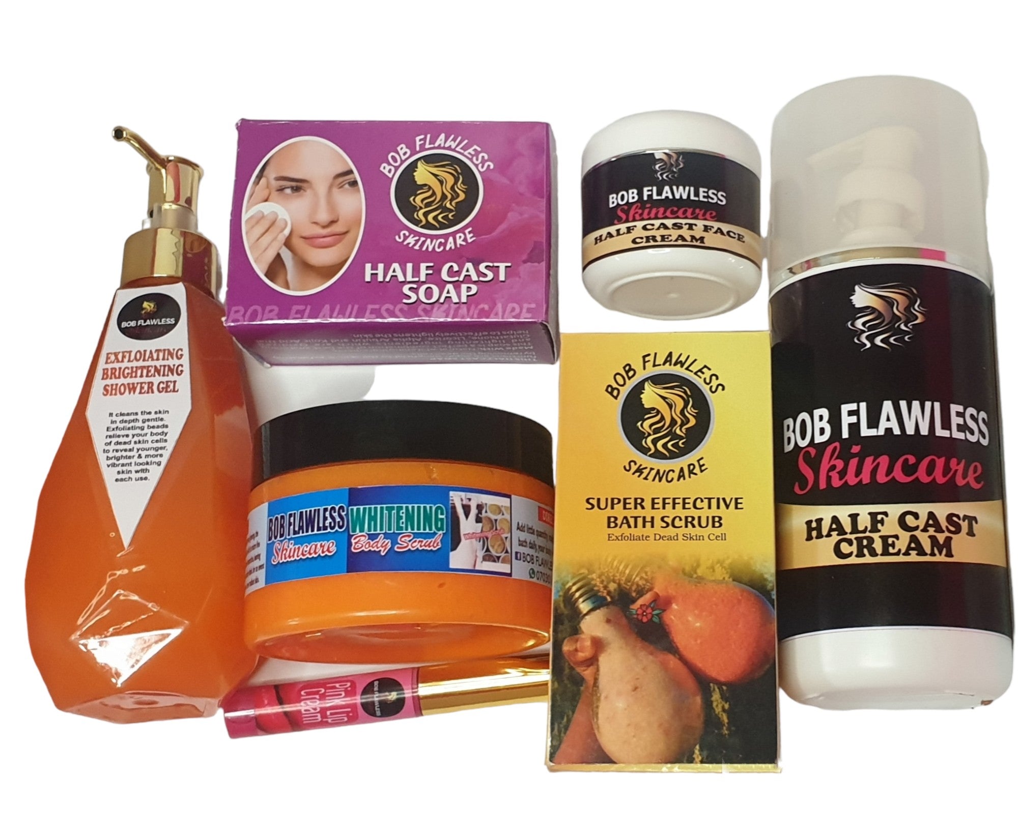 Bob Flawless halfcast skin care set with soap, cream, bath scrub, whitening body scrub, and exfoliating shower gel